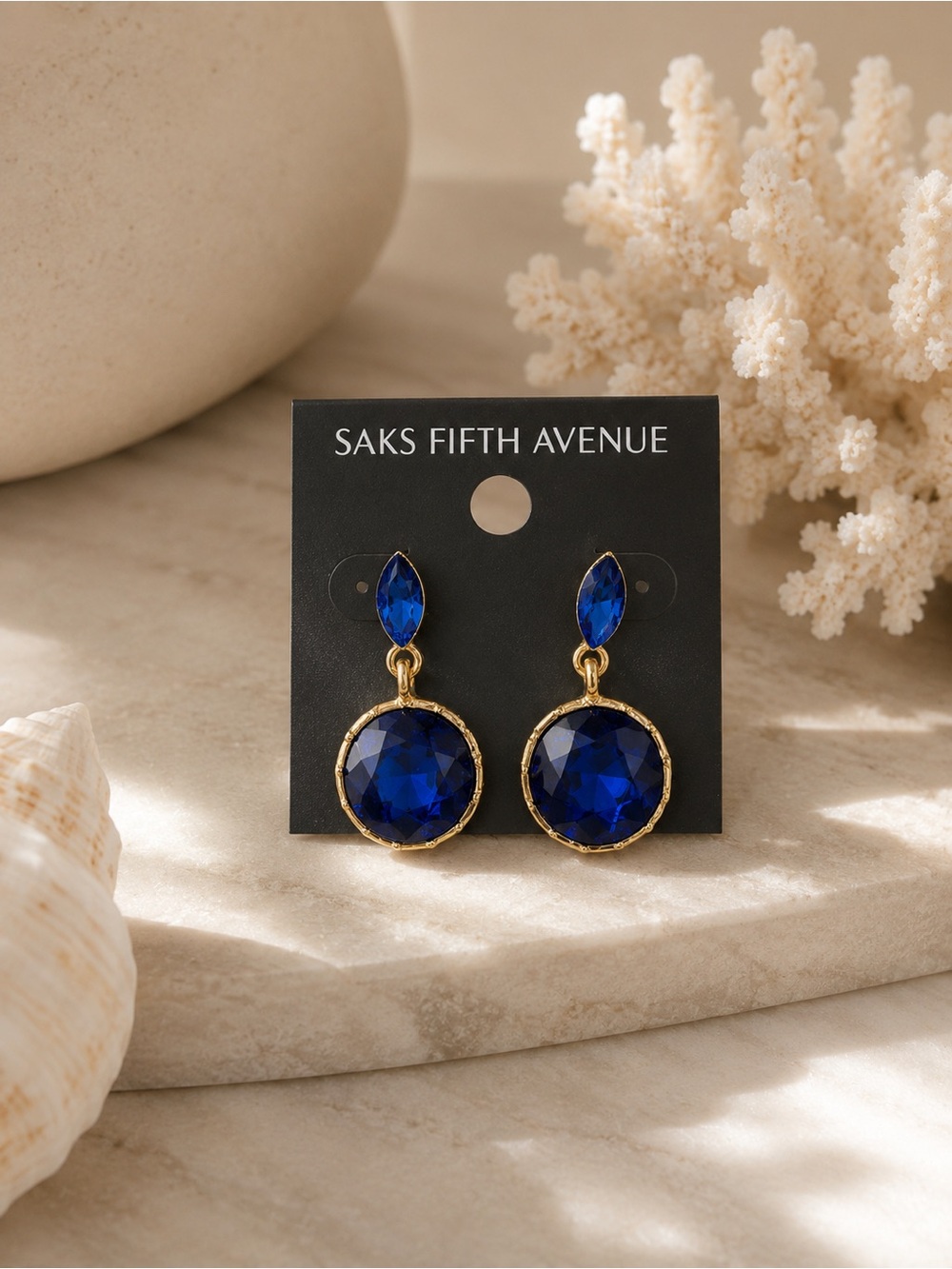 Saks Fifth Avenue Royal Blue Crystal Drop Earrings gold bling dangle gift